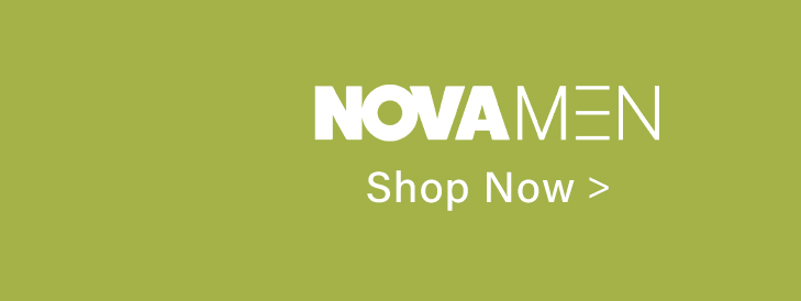 Olive green banner featuring 'NOVA MEN' in bold white text and 'Shop Now >' below it. Discover the latest men's fashion collection.