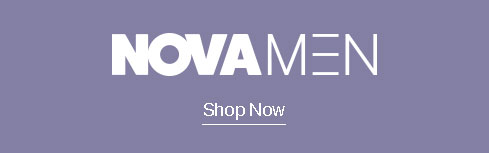 "Nova Men" logo in white on a purple background, with a "Shop Now" call to action. Discover men's fashion essentials.