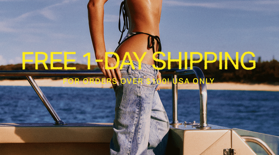 FREE 1-DAY SHIPPING for orders over $100! USA only. Model in trendy denim jeans & bikini on boat. Shop fast fashion now.