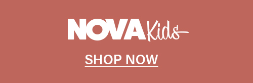 NOVA Kids logo, bold white text on a deep reddish-brown background, with an underlined "SHOP NOW" button, inviting users to explore children's fashion.