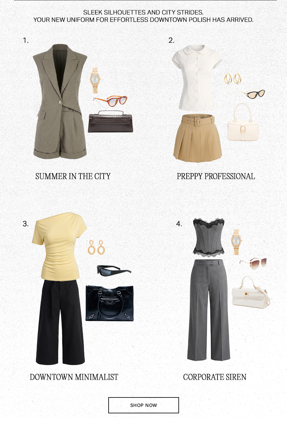 Four chic women's outfits with neutral-colored blazers, skirts, and trousers promoting a new downtown fashion collection with a Shop Now button.