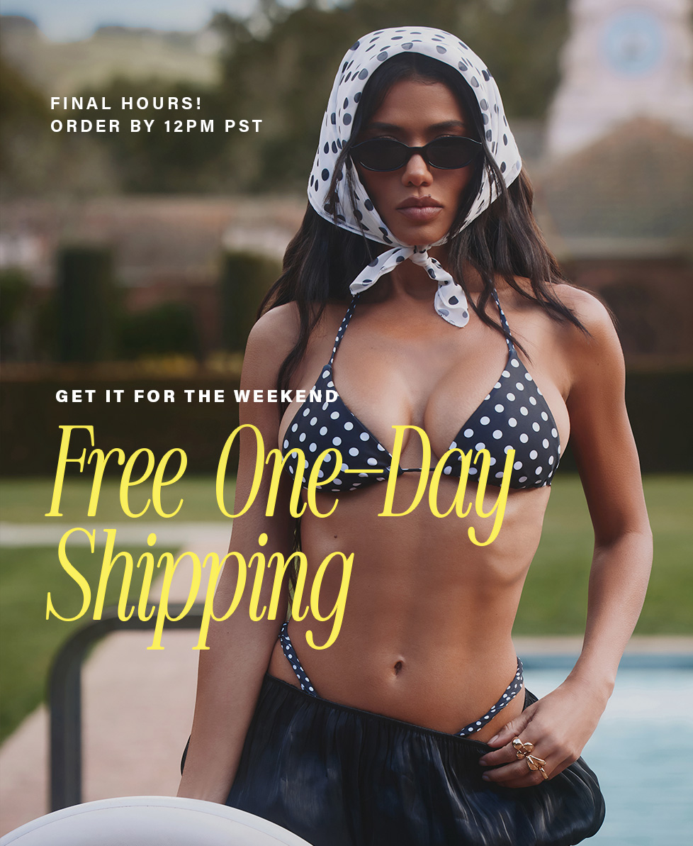 Woman in stylish black polka dot bikini & matching headscarf. Get free one-day swimwear shipping for weekend delivery now. Final hours!