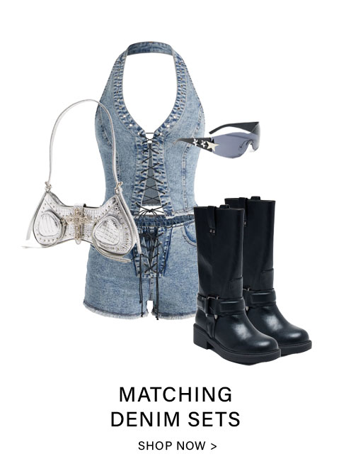 Light blue matching denim halter top and shorts, styled with black combat boots, a metallic silver bag, and modern sunglasses. Shop new arrivals.
