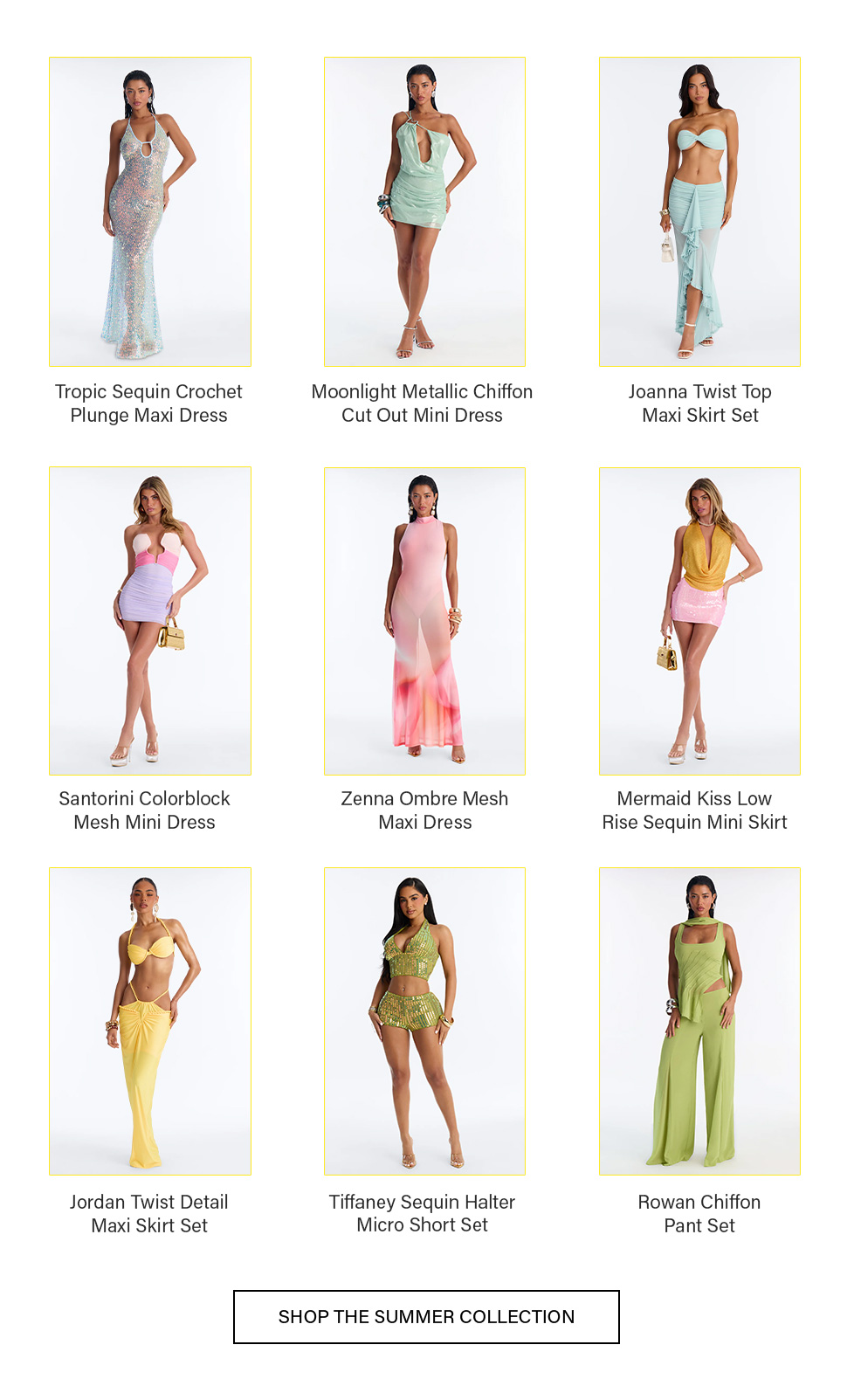 Grid of nine models showcasing diverse summer collection apparel: pastel dresses, skirts, and sets. Promoting new trendy summer fashion styles.