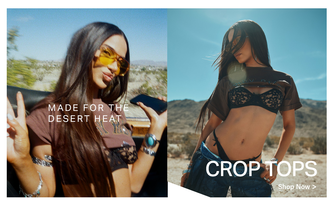 Brunette model showcases brown crop tops in a desert setting, perfect for summer heat. Shop the stylish new crop top collection.