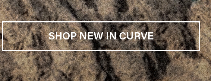 Textured dark brown background with a white 'SHOP NEW IN CURVE' button. Browse the latest new arrivals in our inclusive curve collection.