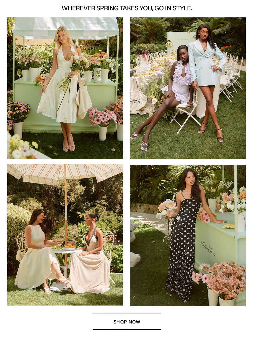 Four panels show women modeling elegant spring dresses and outfits for garden parties and stylish outdoor events. Shop new arrivals.