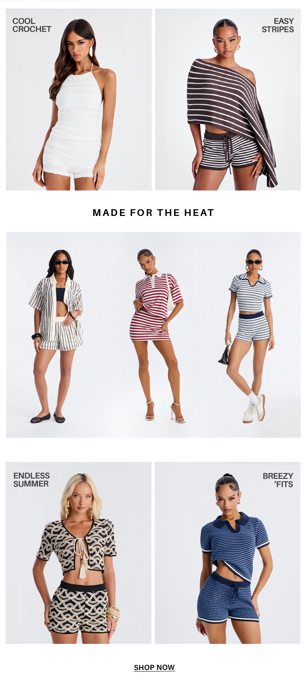 Models wearing knitwear and crochet matching sets from a summer fashion collection, featuring striped and patterned shorts, tops, and rompers.