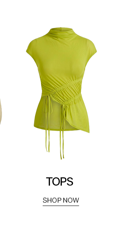 Vibrant lime green ruched women's top featuring a high neck, cap sleeves, and adjustable drawstring ties, highlighting new collection tops.