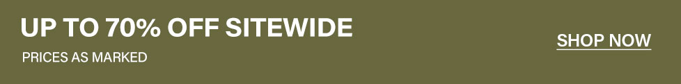 Olive green banner promoting a sitewide sale: "UP TO 70% OFF SITEWIDE, PRICES AS MARKED." Includes a "SHOP NOW" button for discounts.