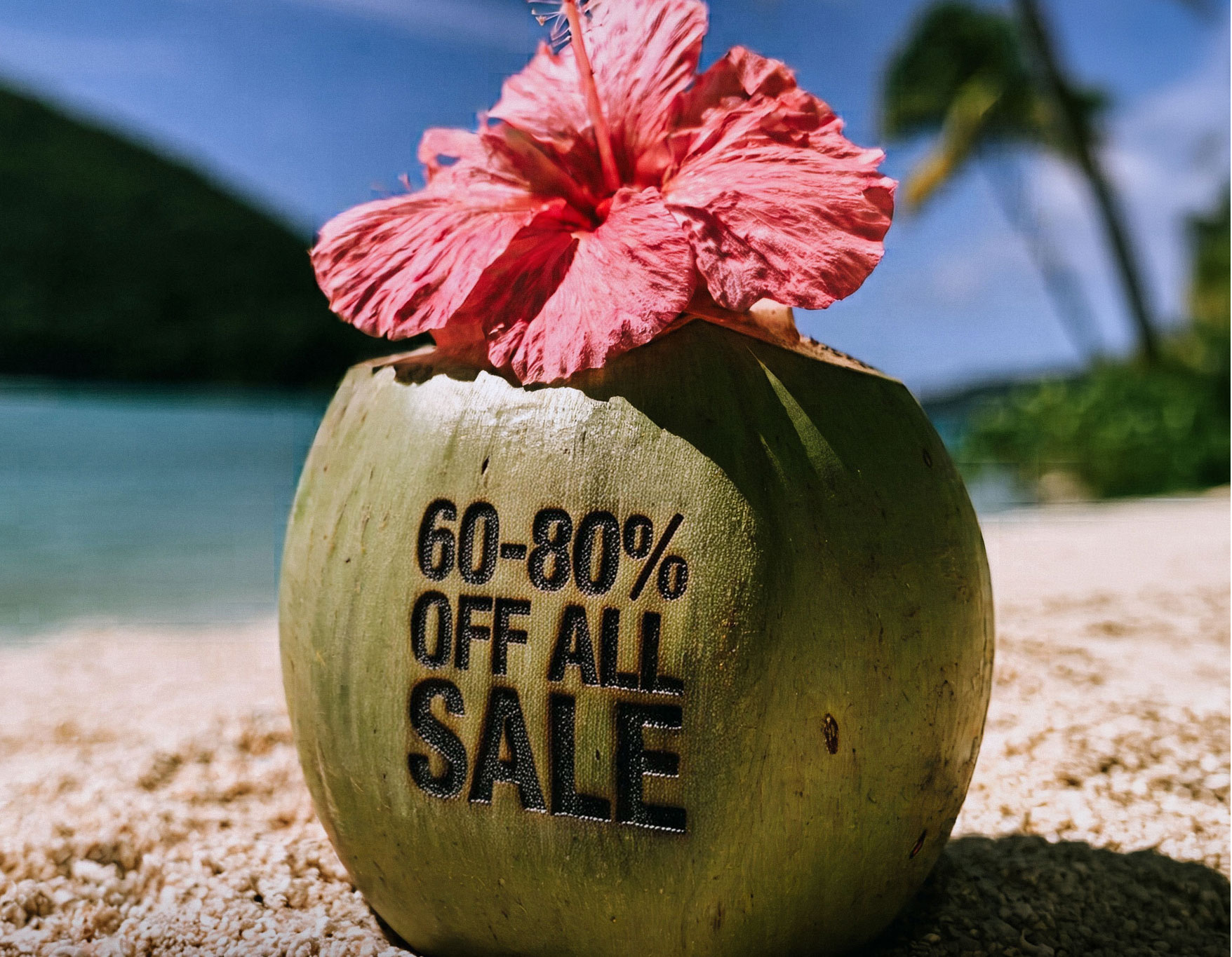 Pink hibiscus on a green coconut carved with '60-80% OFF ALL SALE' on a sunny beach, promoting a tropical summer vacation clearance.