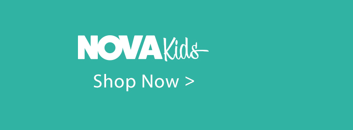 Bright teal banner with white 'NOVA Kids' logo and 'Shop Now' call to action, promoting new children's fashion items.