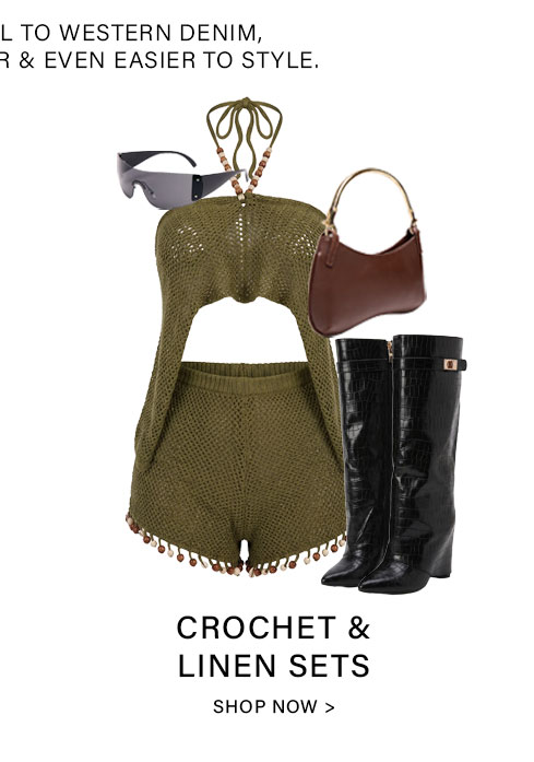 Olive green crochet halter top and matching shorts set, with black boots, brown bag, and sunglasses. Explore our latest crochet and linen sets.