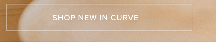 Shop new curve fashion. White text 'SHOP NEW IN CURVE' within a white rectangular border on a soft, blurred warm beige background.