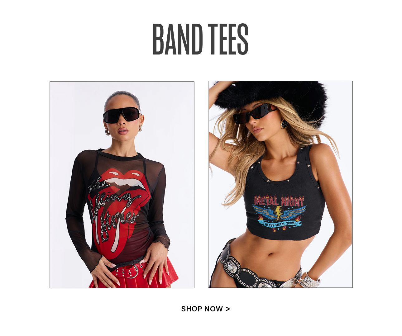 Models display black band tees: a sheer Rolling Stones top & a studded "Metal Night" crop tank. Find rock fashion graphic tees BOGO free.