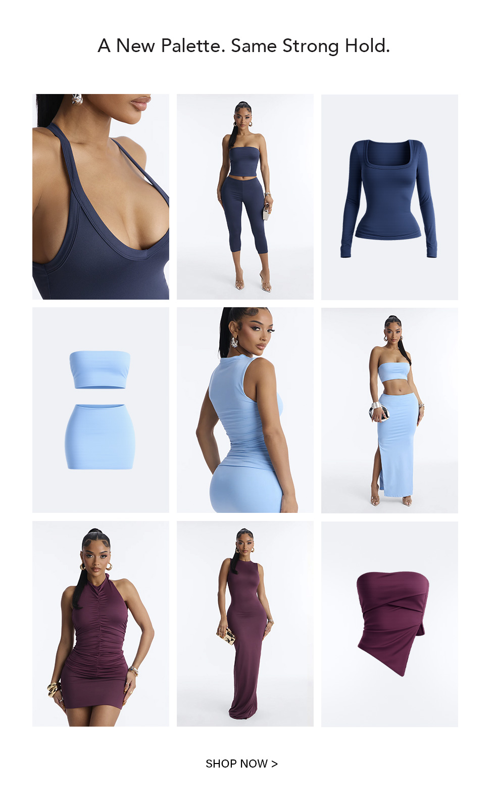 Stunning woman models a sky-blue BODYCTRL™ CONTOUR dress, showcasing new colors in the flattering bodycon apparel collection.