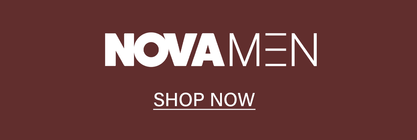 White 'NOVA MEN' text on dark olive background, centered above an underlined 'SHOP NOW' call to action for men's clothing.