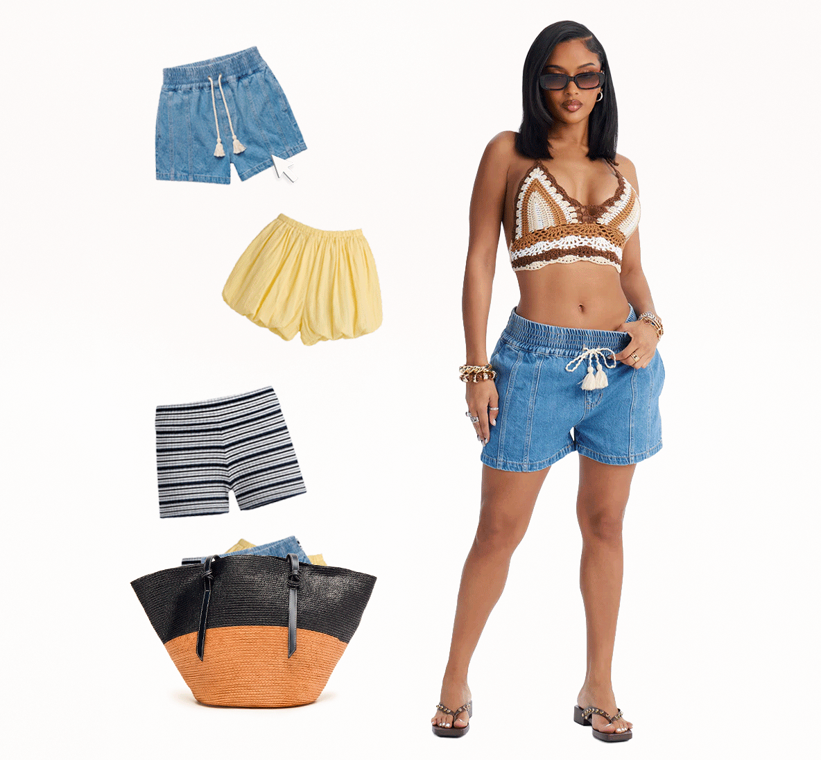 Woman models a brown crochet top and blue denim drawstring shorts. Yellow, striped shorts, & a straw tote bag accent this versatile summer fashion collection.