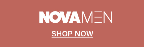 Bold white 'NOVAMEN' logo, with 'MEN' outlined, against a terracotta background. 'SHOP NOW' invites you to browse men's fashion.