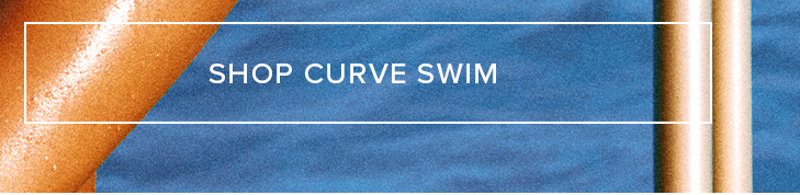 SHOP CURVE SWIM on blue background with wet skin. Discover stylish, inclusive swimwear.
