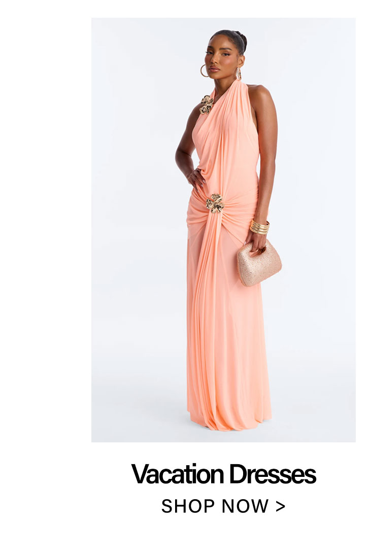 Peach one-shoulder maxi vacation dress with gold embellishments. Shop elegant holiday & special occasion dresses for women.
