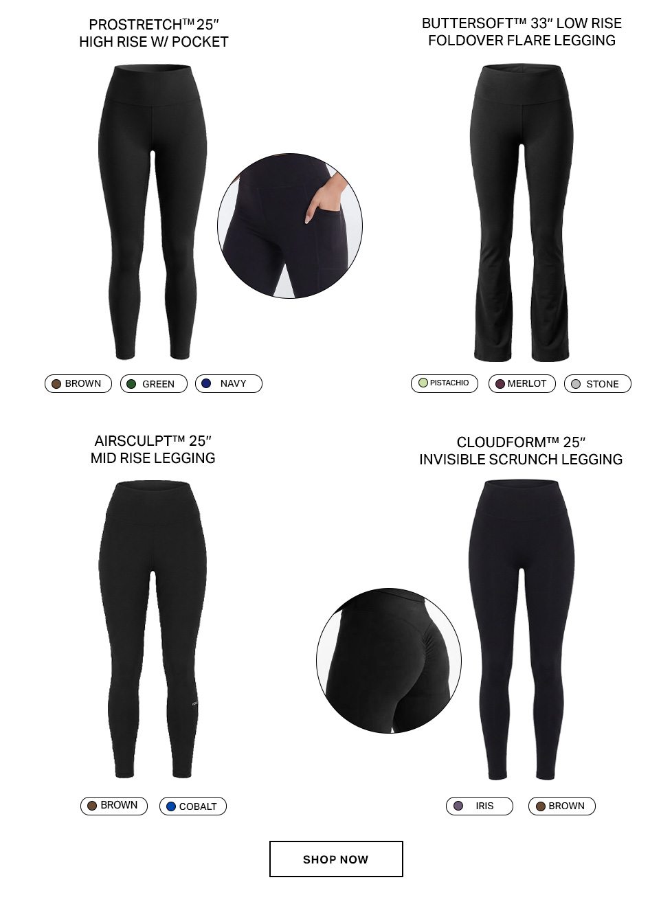 Four distinct women's activewear leggings: high-rise, flare, mid-rise, scrunch styles. Mostly black, with other color options. Shop leggings now.