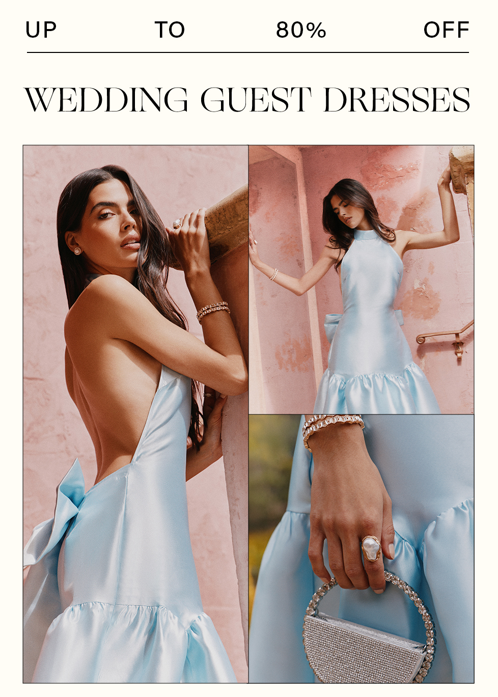Woman in an elegant light blue satin wedding guest dress with a bow and ruffled hem, showcasing various angles. Shop wedding guest dresses up to 80% off.