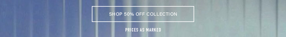 Blue textured banner advertising a sale with text SHOP 50% OFF COLLECTION and PRICES AS MARKED to drive conversions for a discount promotion.