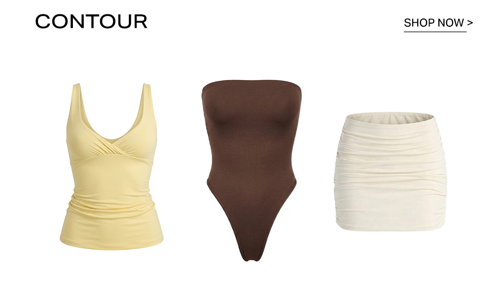 Yellow tank top, brown strapless bodysuit, and cream ruched mini skirt promoting the Contour fashion collection with a shop now button.