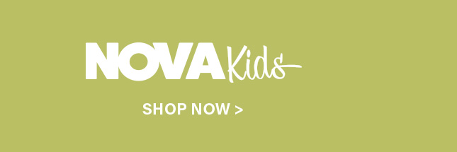 Nova Kids brand logo in white on a sage green banner. A 'SHOP NOW' button encourages exploring their latest kids' fashion collection.
