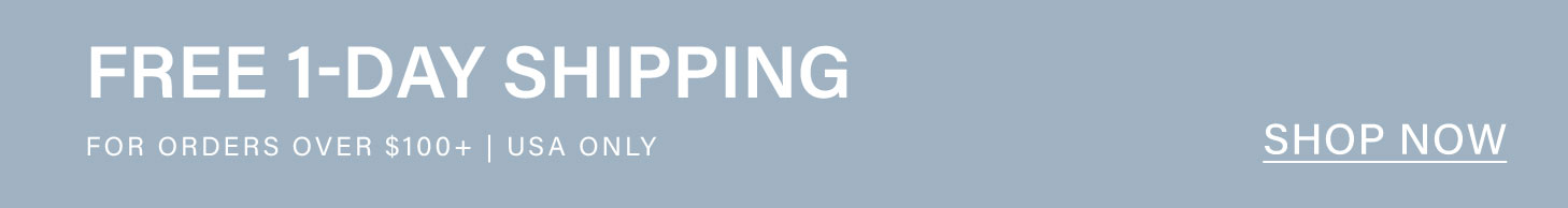 Pale blue promotional banner with white text: "FREE 1-DAY SHIPPING" for online orders over $100+, USA only. Shop now for this expedited delivery offer.