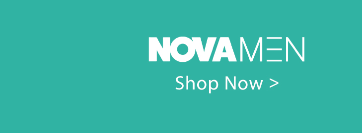 Vibrant teal banner with bold white "NOVAMEN" logo and prominent "Shop Now >" call to action, inviting users to browse men's apparel and fashion.