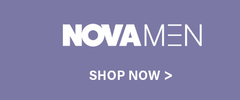 Nova Men brand logo with white text on a lavender background. Click 'Shop Now' to explore the latest men's fashion collection.