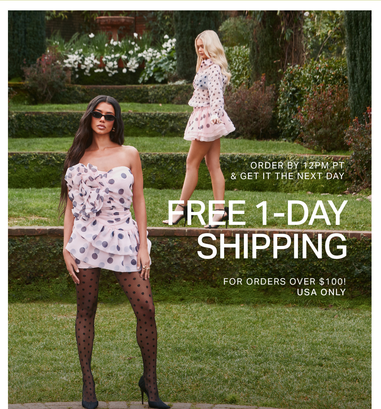 Two women in chic pink polka dot mini dresses, one strapless, one long-sleeved, in a garden, highlighting free 1-day shipping.