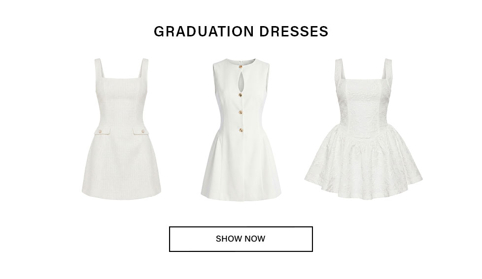 Discover three distinct white graduation dresses: a textured square-neck, a sleeveless keyhole-button design, and an intricate lace-patterned dress. Shop the collection.
