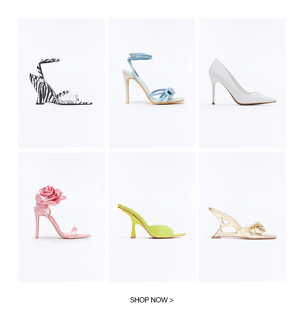Six stylish women's high heels: zebra wedge sandal, blue bow sandal, white pump, pink rose heel, lime mule, gold sculptural heel. Shop new fashion footwear.