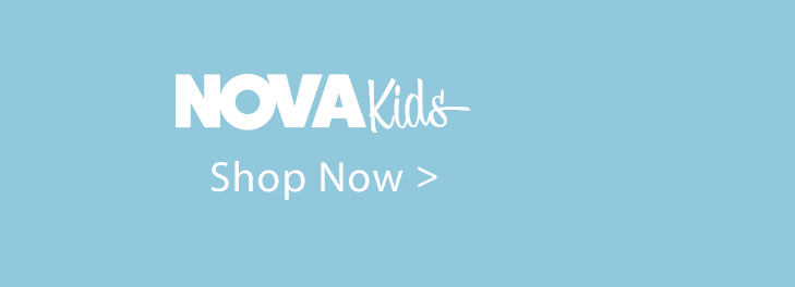White "NOVA Kids" logo on a light blue background, with a "Shop Now" call to action for kids' clothing and children's apparel.