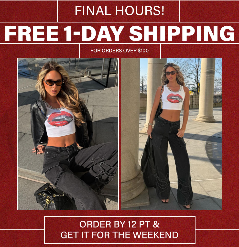 Woman wears white lip graphic crop top, black cargo jeans & leather jacket. Promoting free 1-day shipping on fashion for weekend delivery.