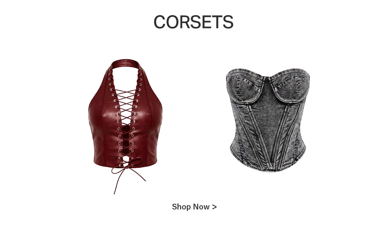 Dark red leather halter lace-up corset and washed black denim strapless bustier. Shop these stylish corsets now!