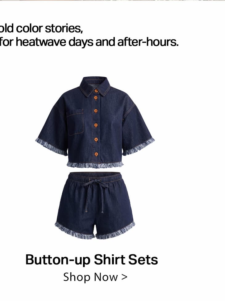 Casual dark blue denim button-up shirt and matching drawstring shorts set with fringe trim, perfect for summer.