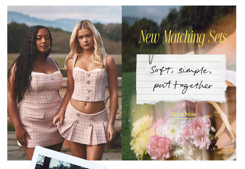 Two women in stylish new light pink matching sets featuring sparkly buttons, promoting soft, simple, put-together fashion looks.