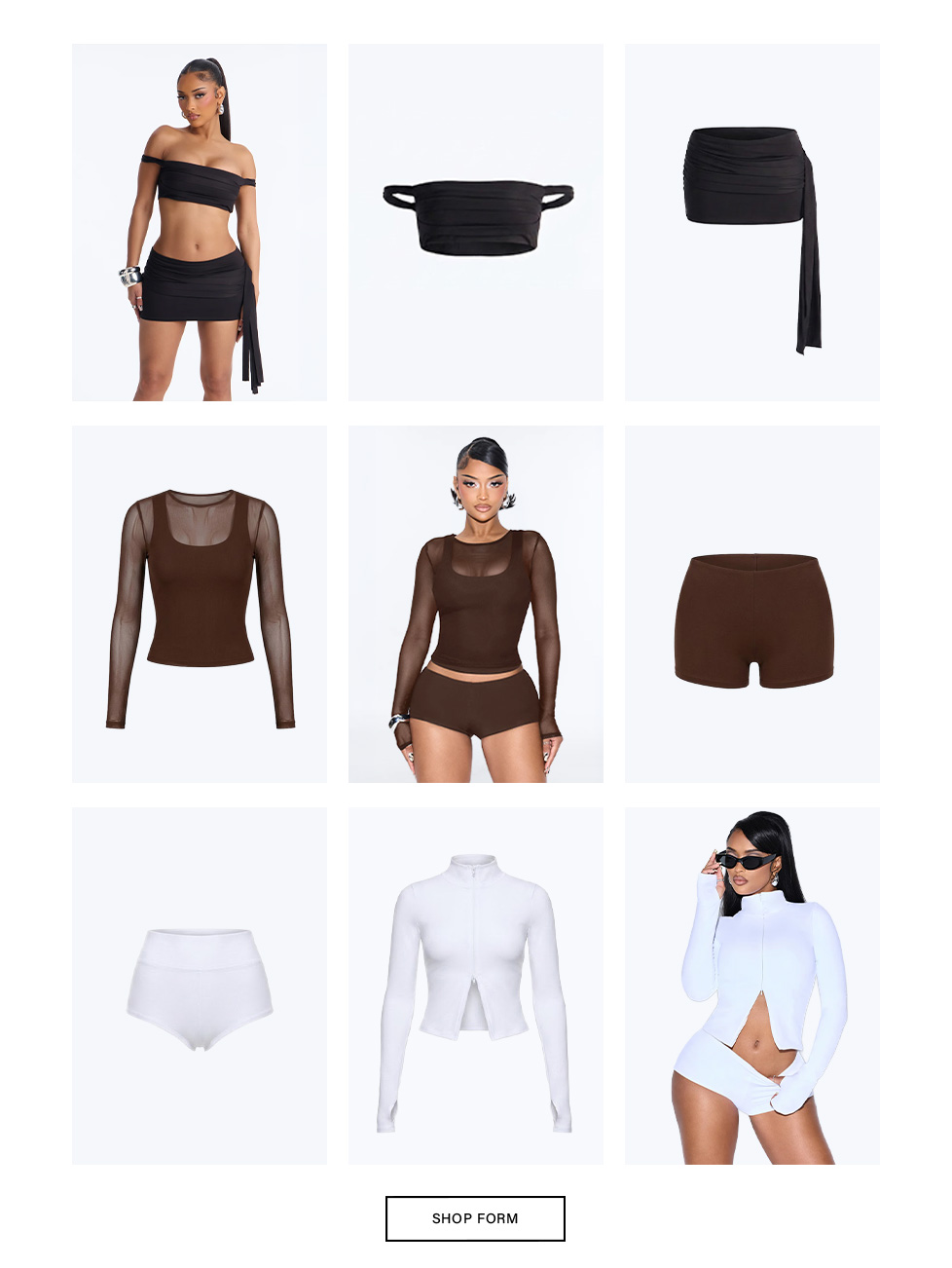 Grid of form-fitting cream women's apparel: tank tops, bodysuits, mini dresses, and ruched skirts. Explore collection now!