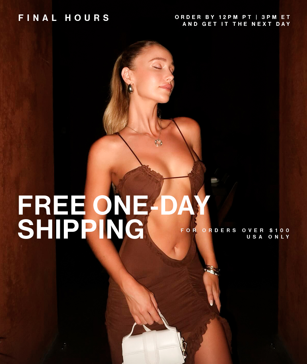 Woman in a chic brown cutout mini dress. Final hours for free one-day shipping on orders over $100!