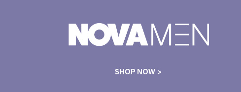 White 'NOVA MEN' branding on a lavender background, with a prominent 'Shop Now' button for stylish men's clothing.
