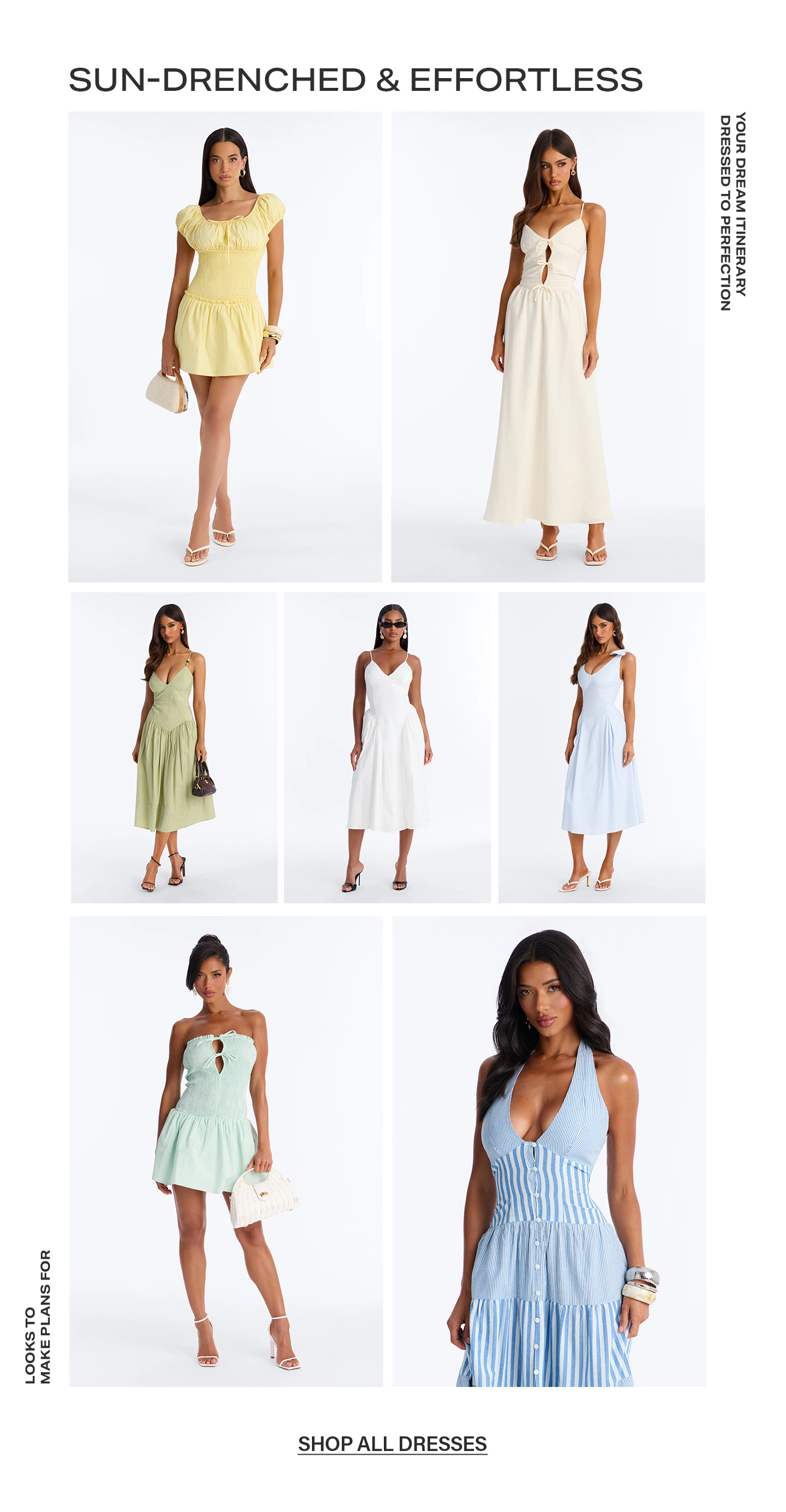 Effortless summer dress collection: models wear yellow, cream, sage, white, light blue, and mint vacation dresses. Shop all dresses.