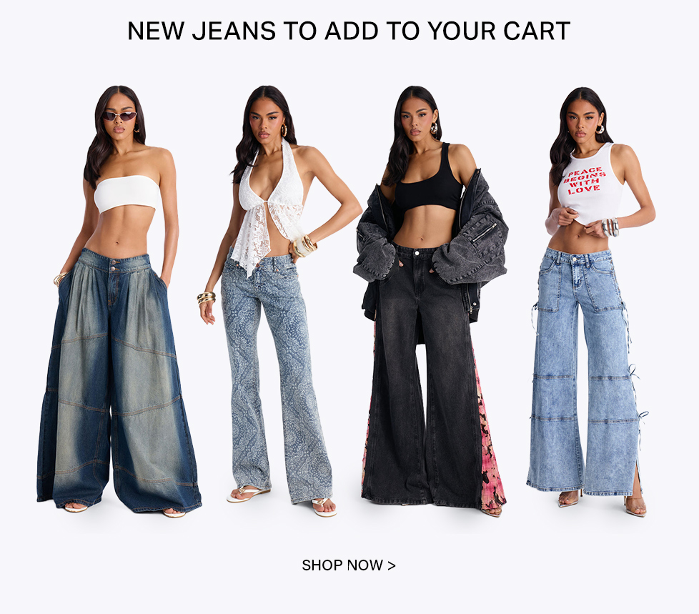 Four models display new women's jeans: light blue wide-leg, patterned flare, dark wash with floral side, and acid wash with side lacing. Shop trending denim styles.