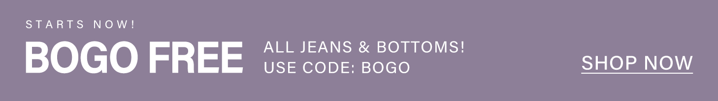 Vibrant purple banner announcing a BOGO FREE sale on all jeans and bottoms. Use code BOGO to shop now and save on pants!