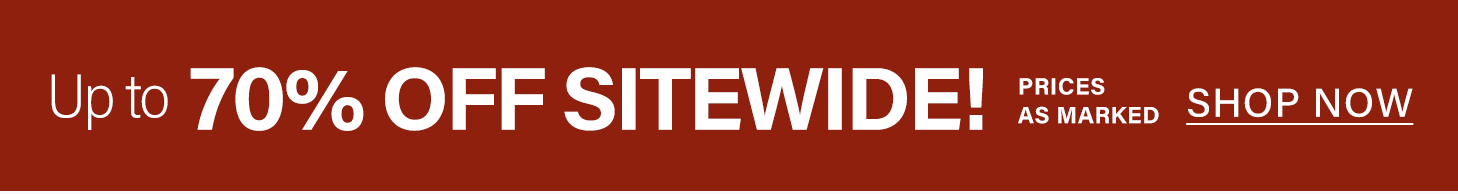 Red banner announcing a huge sitewide sale: "Up to 70% OFF SITEWIDE! PRICES AS MARKED." Click to SHOP NOW and find amazing deals.