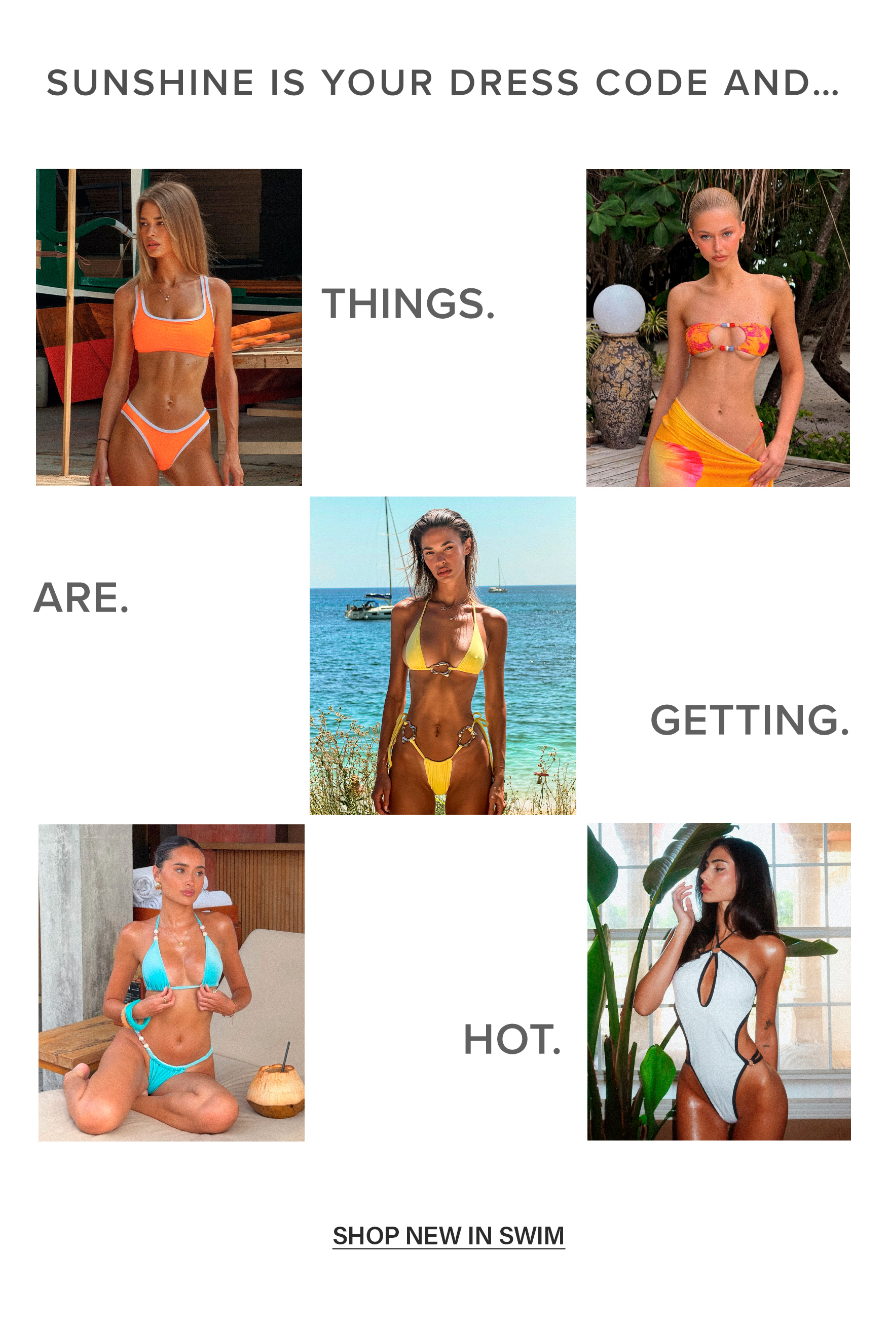 Models wear vibrant orange, yellow, and blue bikinis and a chic swimsuit in a campaign promoting a trendy new women's summer swimwear collection.