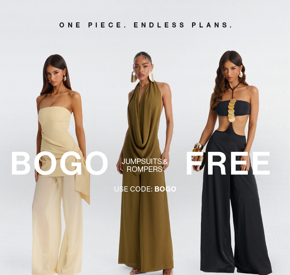 BOGO FREE Jumpsuits & Rompers! Stylish women's cream, olive, & black one-piece outfits. Shop now with code BOGO.